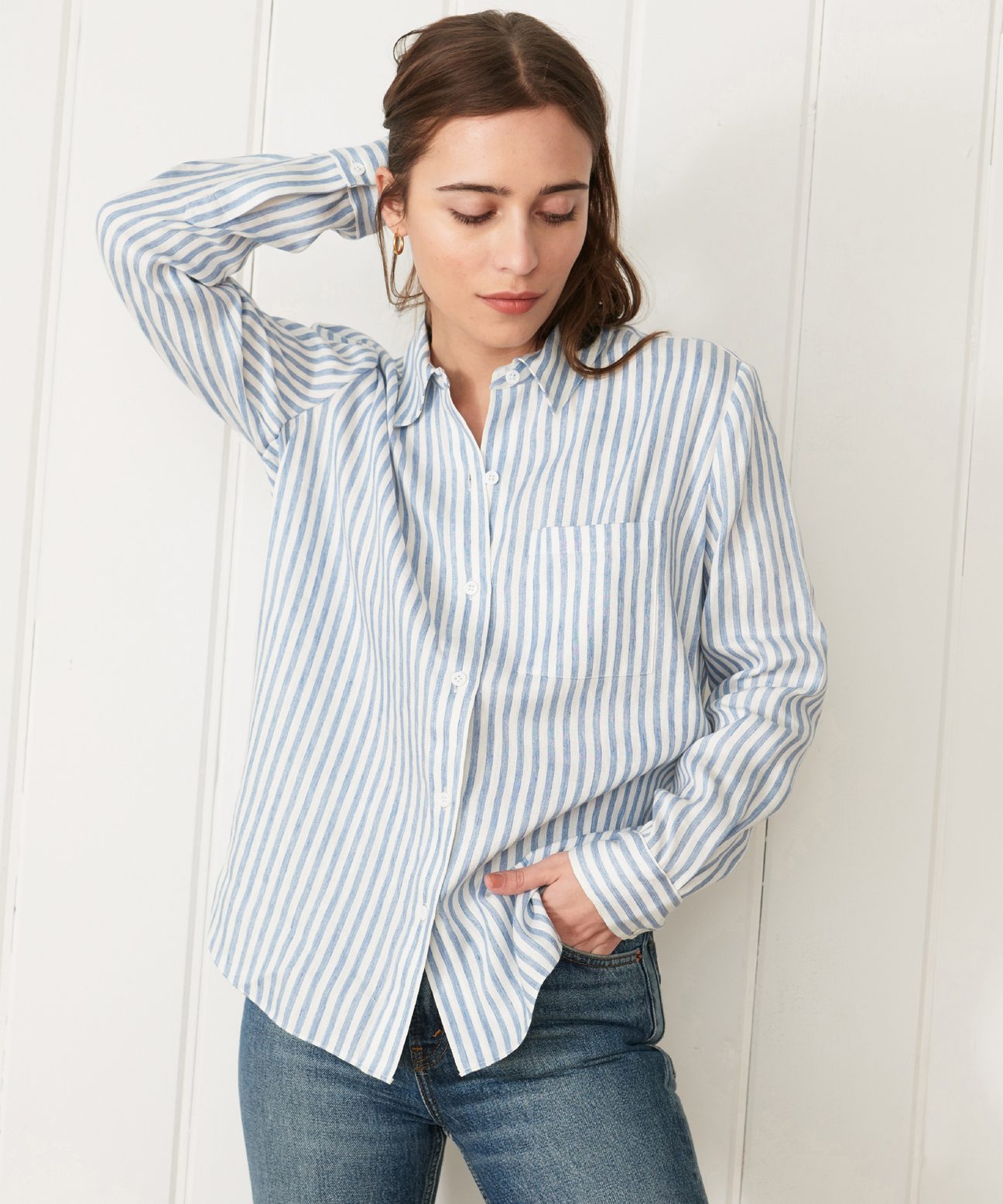 Linen Button-Back Shirt - Blue Stripe | Jenni Kayne